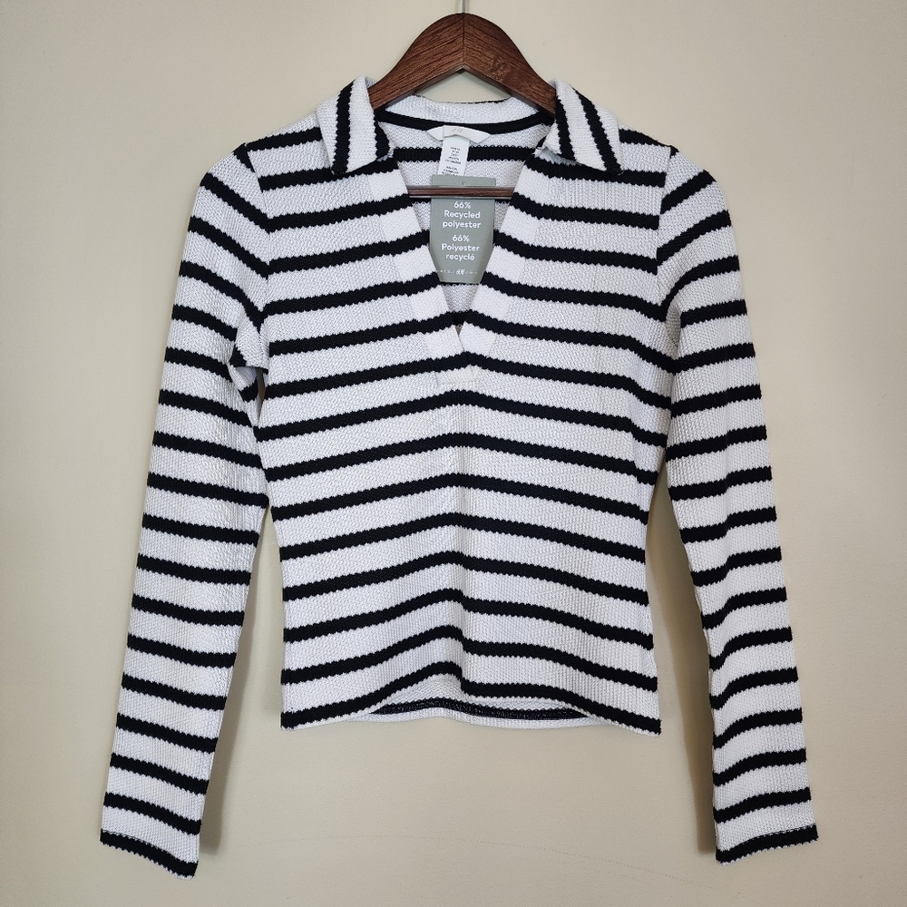 Stripe Crochet Collared Sweater Long Sleeve Vneck Top Neutral Size XS
